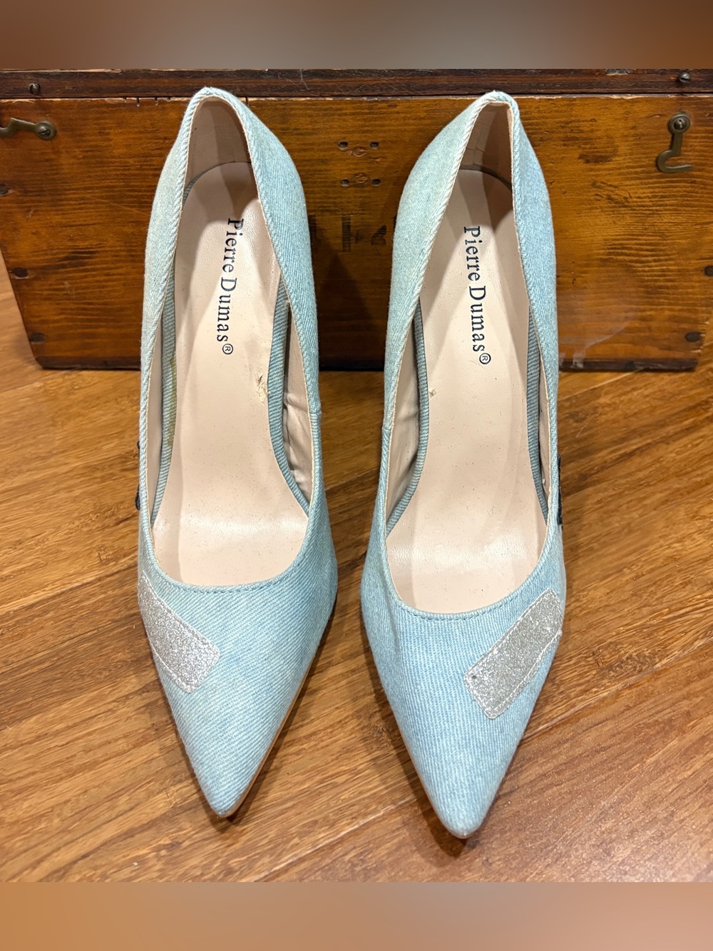Pierre Dumas Light Blue Denim Pointed Toe Stiletto Pumps with Metallic Applique - Picture 6 of 10